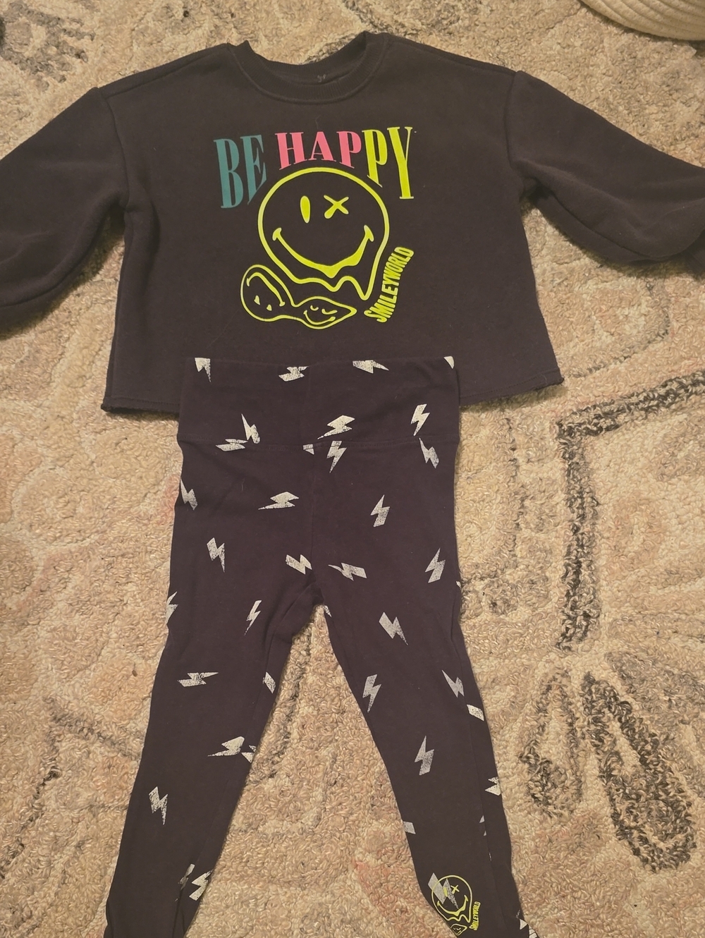 Kids Black 'Be Happy' Graphic Set with Neon Accent